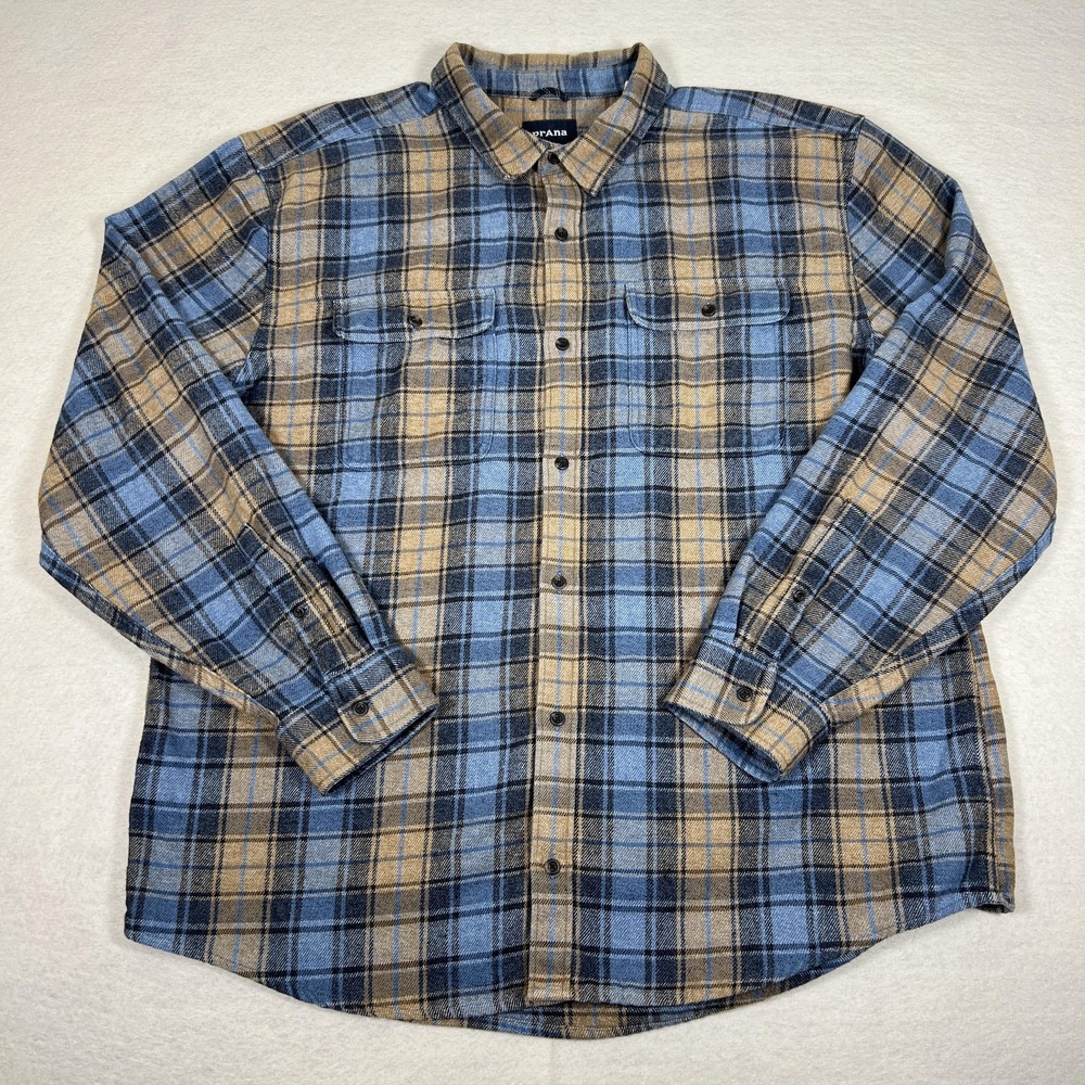 prAna Shirt Mens 2XL Blue Tan Plaid Flannel Long Sleeve‎ Button Down Outdoor